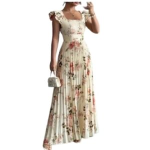 Floral Pleated Maxi Dress in Cream
